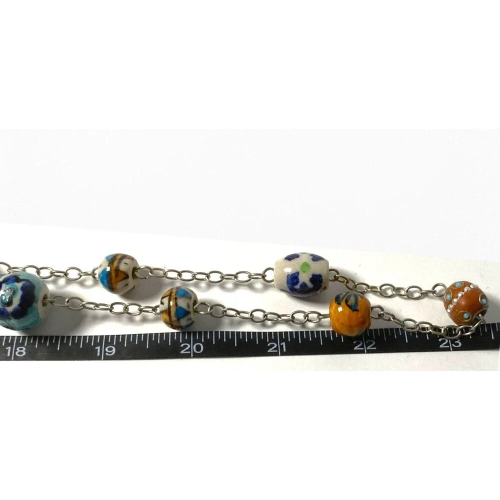 VTG Necklace Ceramic Resin Bead Station Painted Floral Art Long Boho Festival